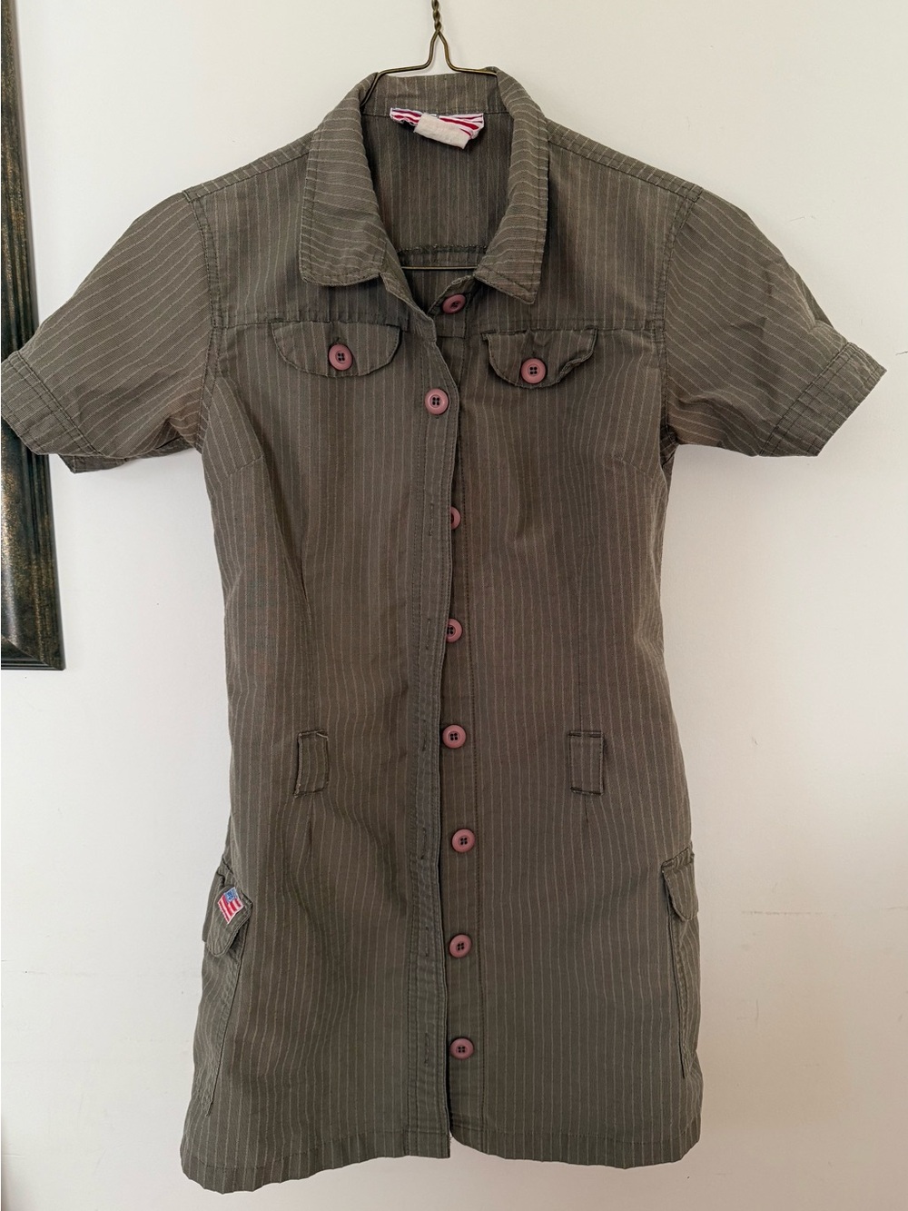 VINTAGE UFO Y2K Short Sleeve Olive Pinstripe Button-Front Shirt Dress